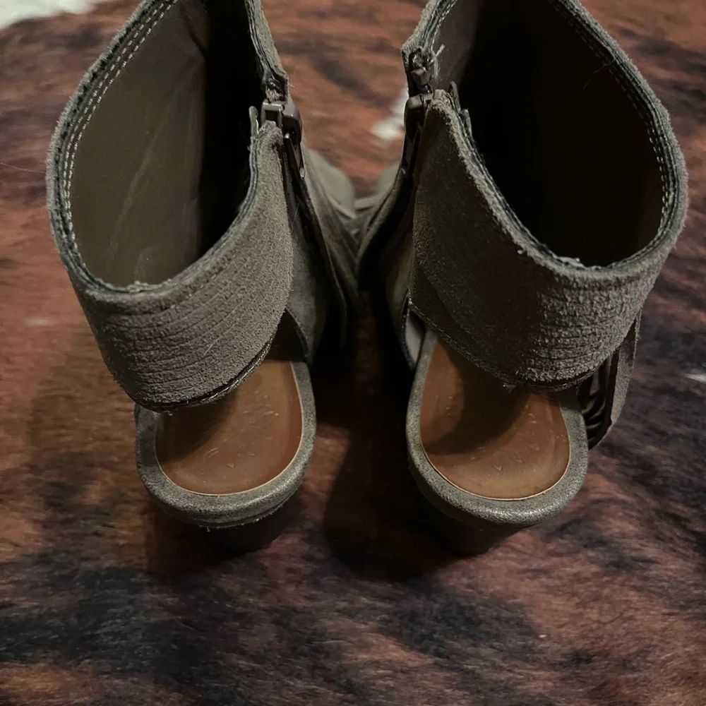 Sugar Taupe Fringed Peep-Toe Booties - Picture 3 of 5